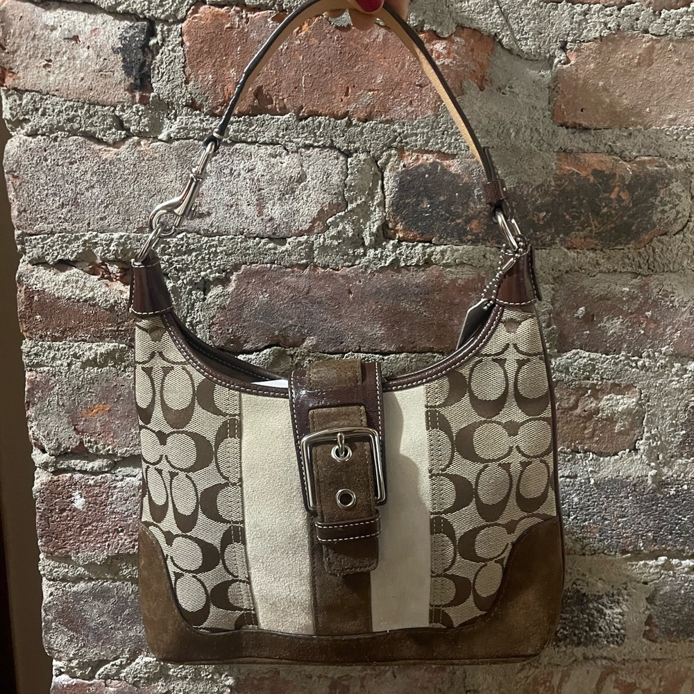 Medium Coach Purse- Suede with Cotton Canvas - Monogram Design. Tan & Chocolate